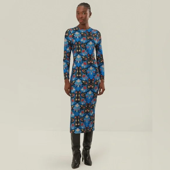 chinese dress ladies Blue Flowing Beauty Embroidered Long Sleeve Midi Dress – FARM Rio main image 1